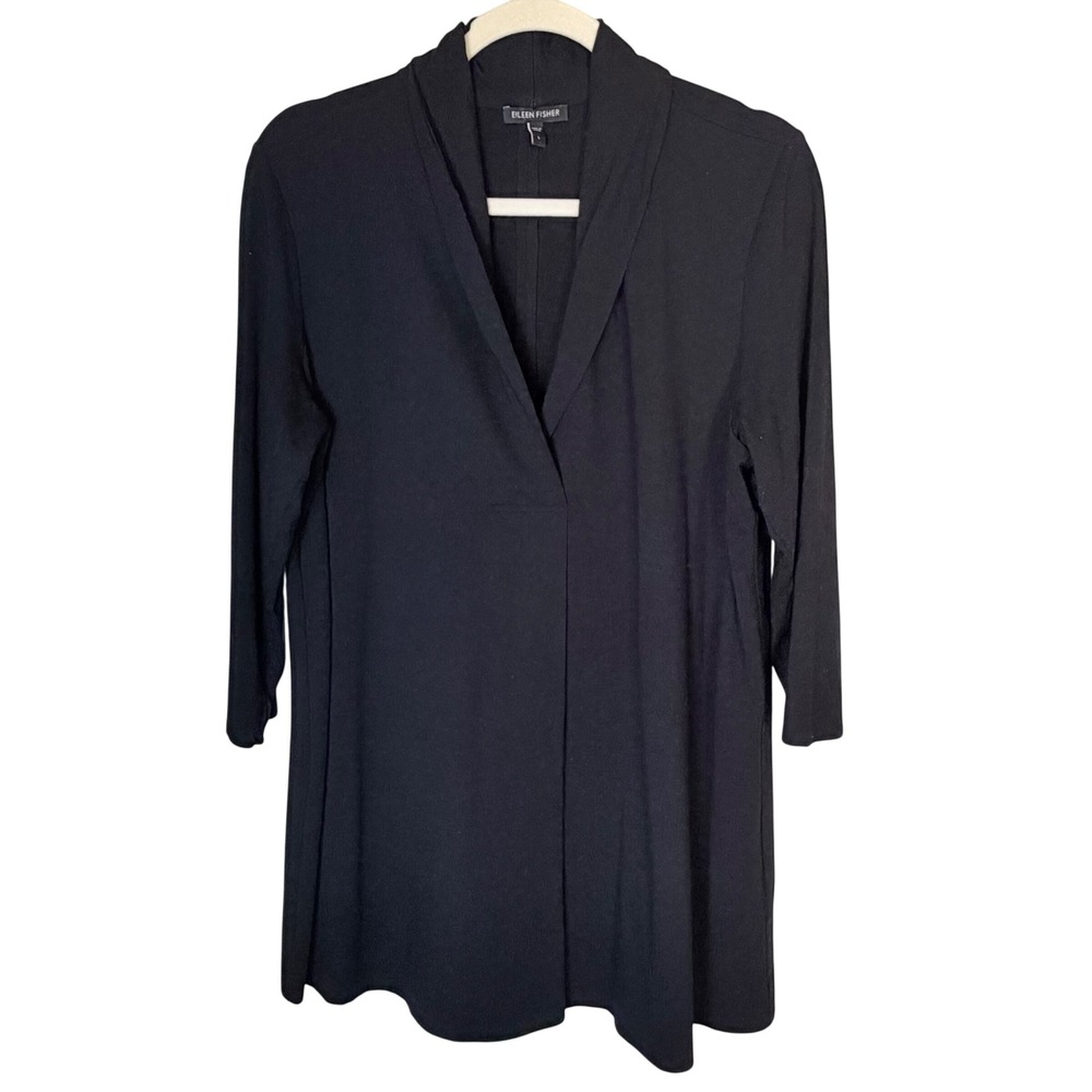 Eileen Fisher Black V Neck Dolman Sleeve Knit Cardigan Tunic Top‎ L